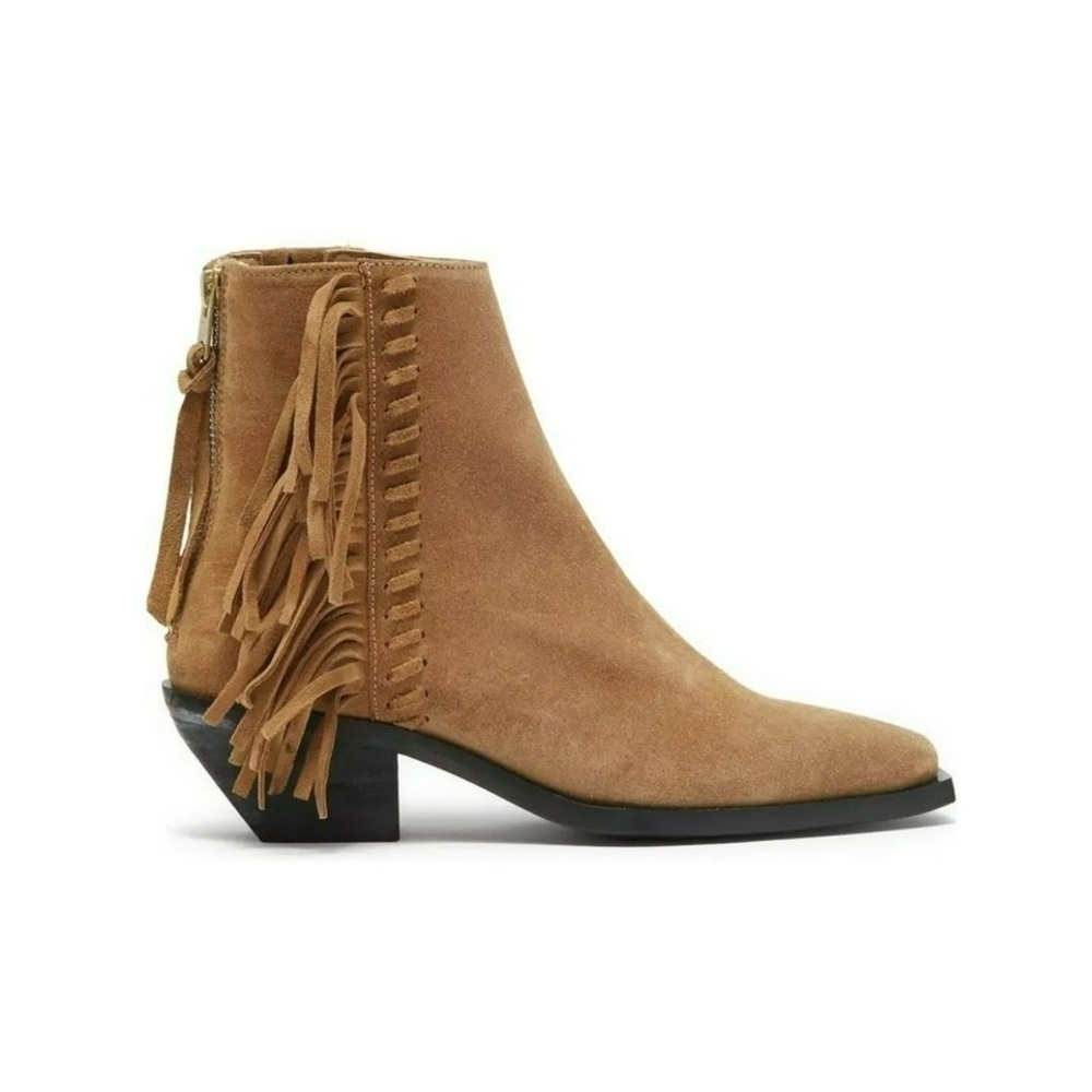 All Saints NEW Layla Cognac Sand Suede Fringe Zip Heel Ankle Booties Size 7 - Picture 1 of 12